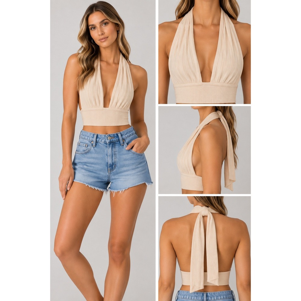 Salty Womens M Cream Ribbed Knit Halter Wrap Tie Back Crop Top